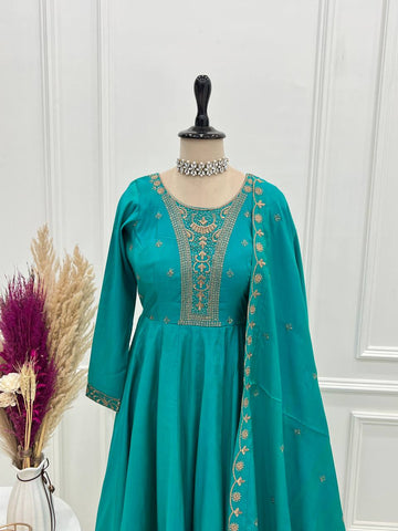 Exotic Teal Roman Chanderi Silk Anarkali Suit