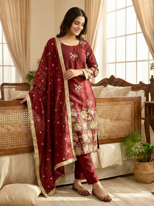 Trendy Maroon Organza Poly Silk with Sequence Work Palazzo Suit