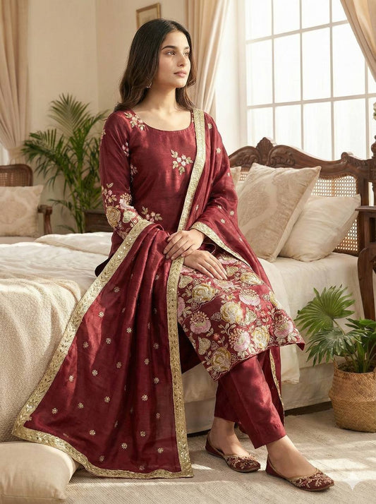 Trendy Maroon Organza Poly Silk with Sequence Work Palazzo Suit