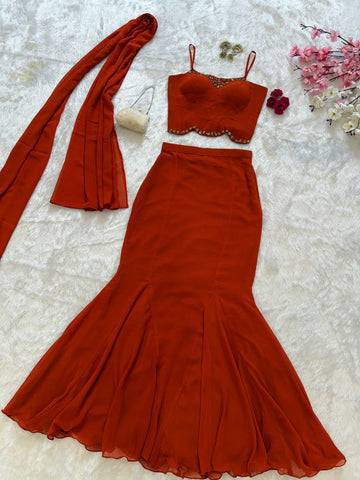 Party Wear Red Color Diamond Work Lehenga