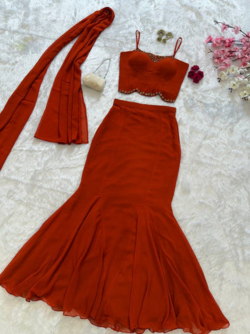 Party Wear Red Color Diamond Work Lehenga