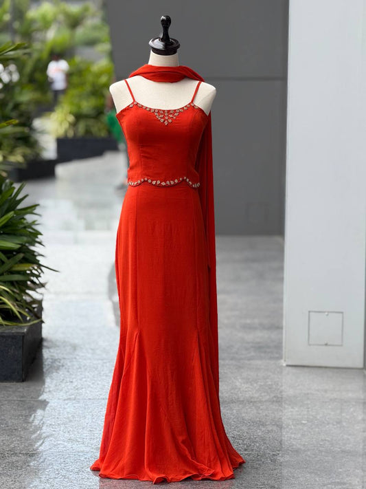 Party Wear Red Color Diamond Work Lehenga