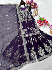 Alluring Purple Fox Georgette Sequence Work Sharara Suit