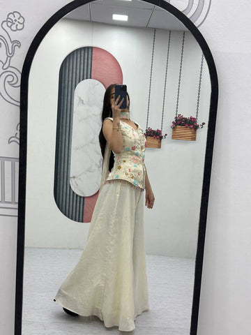 Lovely Cream Pure Tissue With Heavy Embroidery Sharara Suit