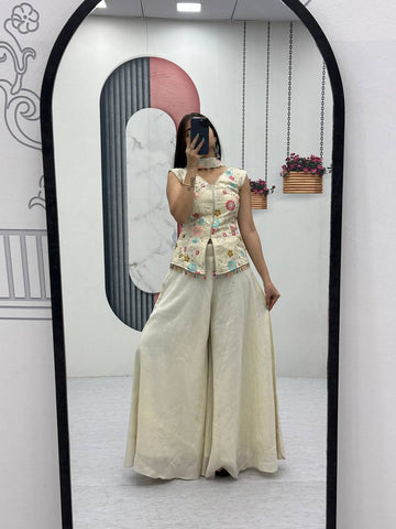 Lovely Cream Pure Tissue With Heavy Embroidery Sharara Suit