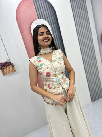 Lovely Cream Pure Tissue With Heavy Embroidery Sharara Suit