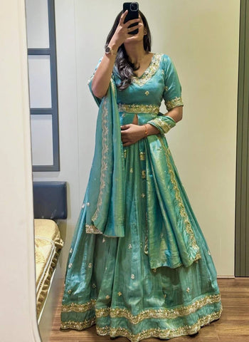 Exclusive Blue Chinon Silk Thread Work Lehenga Choli