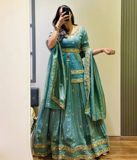 Exclusive Blue Chinon Silk Thread Work Lehenga Choli
