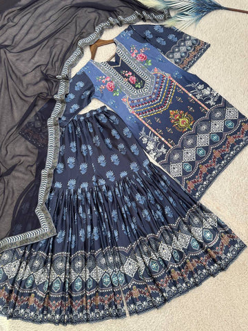 Good Looking Blue Color Digital Print Work Sharara Suit