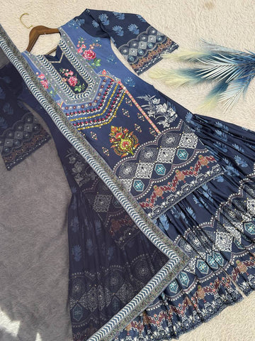 Good Looking Blue Color Digital Print Work Sharara Suit