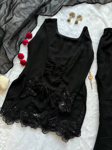 Stylish Black Georgette Embroidery Work Kurta Set