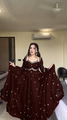 Exclusive Brown Foux Gorgette with Thread Work Anarkali