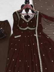 Exclusive Brown Foux Gorgette with Thread Work Anarkali