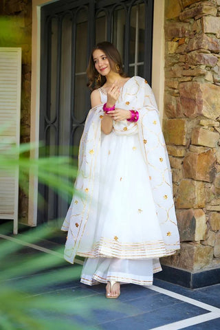 Classic White Faux Georgette with Embroidery Sharara Suit