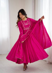 Exclusive Pink Roman Chanderi Silk Handwork Anarkali Gown