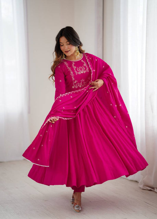 Exclusive Pink Roman Chanderi Silk Handwork Anarkali Gown