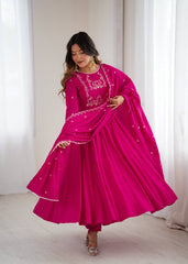 Exclusive Pink Roman Chanderi Silk Handwork Anarkali Gown
