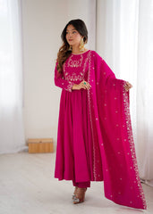 Exclusive Pink Roman Chanderi Silk Handwork Anarkali Gown