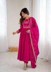 Exclusive Pink Roman Chanderi Silk Handwork Anarkali Gown