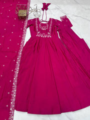 Exclusive Pink Roman Chanderi Silk Handwork Anarkali Gown