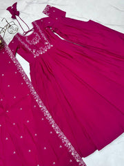 Exclusive Pink Roman Chanderi Silk Handwork Anarkali Gown