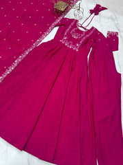 Exclusive Pink Roman Chanderi Silk Handwork Anarkali Gown