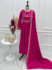 Exclusive Pink Roman Chanderi Silk Handwork Anarkali Gown