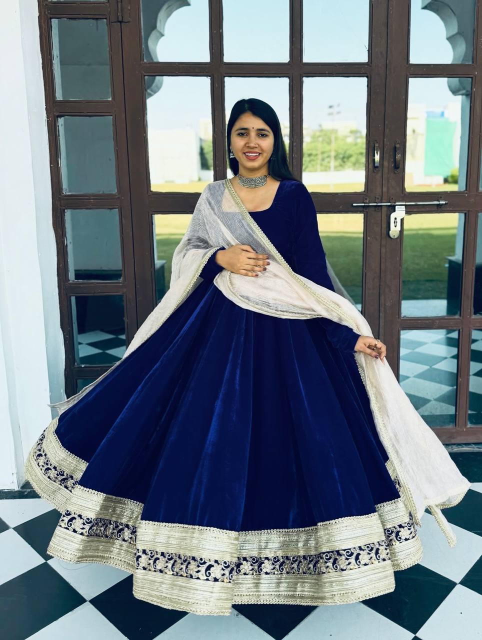 Exclusive Blue Velvet Embroidered Work Anarkali Suit