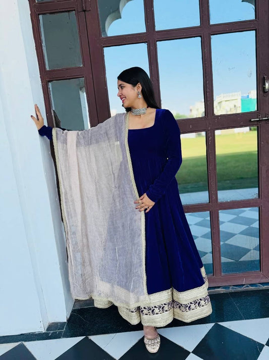 Exclusive Blue Velvet Embroidered Work Anarkali Suit