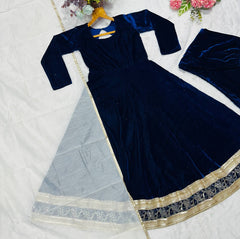 Exclusive Blue Velvet Embroidered Work Anarkali Suit