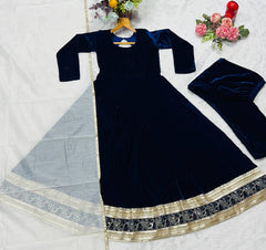 Exclusive Blue Velvet Embroidered Work Anarkali Suit