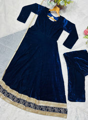 Exclusive Blue Velvet Embroidered Work Anarkali Suit