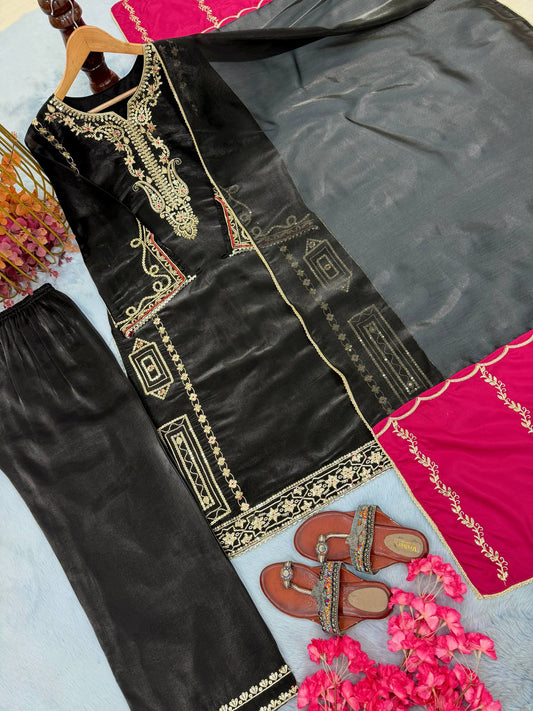 Stylish Black Jimmy Embroidery Work Palazzo Suit
