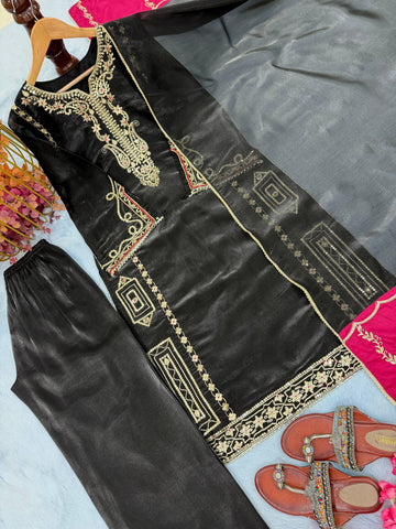 Stylish Black Jimmy Embroidery Work Palazzo Suit