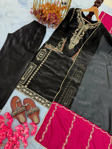 Stylish Black Jimmy Embroidery Work Palazzo Suit