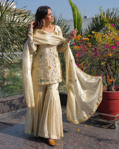 Fancy Cream Chinnon Fabric with Embroidery Work Sharara Suit
