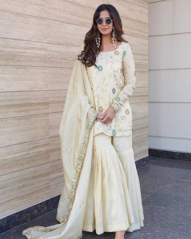 Fancy Cream Chinnon Fabric with Embroidery Work Sharara Suit