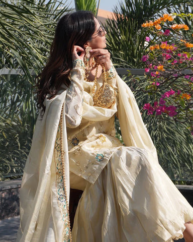 Fancy Cream Chinnon Fabric with Embroidery Work Sharara Suit