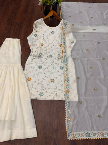 Fancy Cream Chinnon Fabric with Embroidery Work Sharara Suit