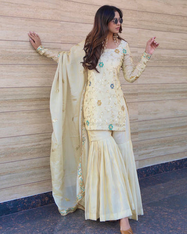 Fancy Cream Chinnon Fabric with Embroidery Work Sharara Suit