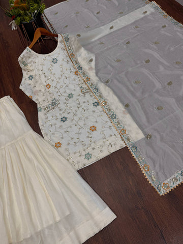 Fancy Cream Chinnon Fabric with Embroidery Work Sharara Suit