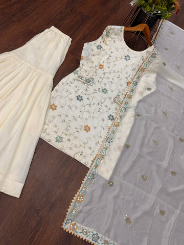 Fancy Cream Chinnon Fabric with Embroidery Work Sharara Suit