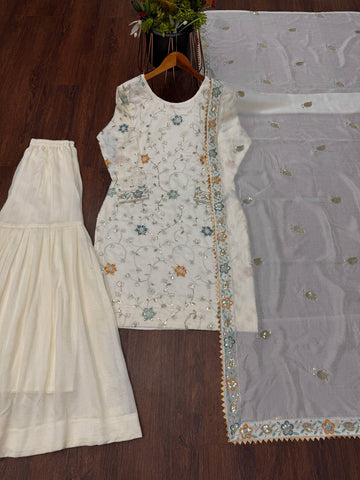 Fancy Cream Chinnon Fabric with Embroidery Work Sharara Suit