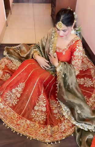 Gorgeous Orange Satin with Embroidery Zari Work Gown