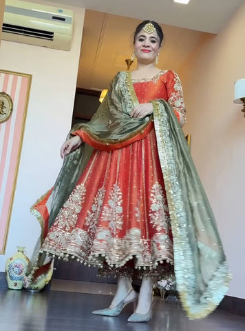 Gorgeous Orange Satin with Embroidery Zari Work Gown