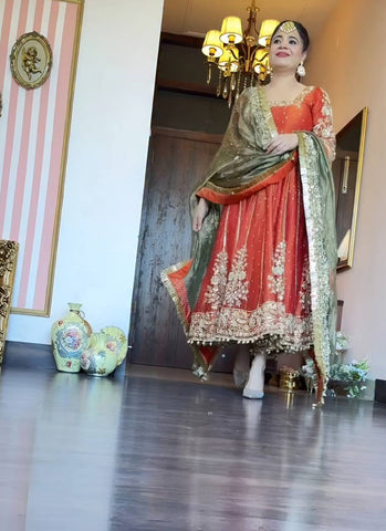 Gorgeous Orange Satin with Embroidery Zari Work Gown