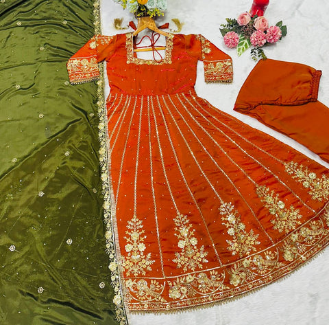 Gorgeous Orange Satin with Embroidery Zari Work Gown