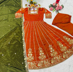 Gorgeous Orange Satin with Embroidery Zari Work Gown
