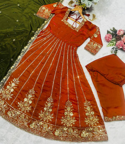 Gorgeous Orange Satin with Embroidery Zari Work Gown