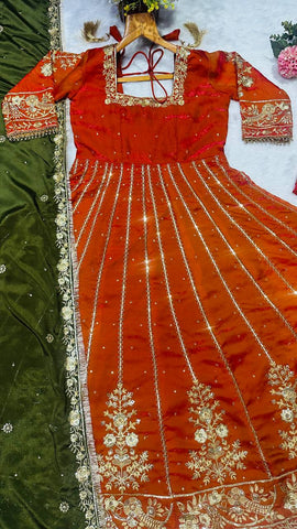 Gorgeous Orange Satin with Embroidery Zari Work Gown